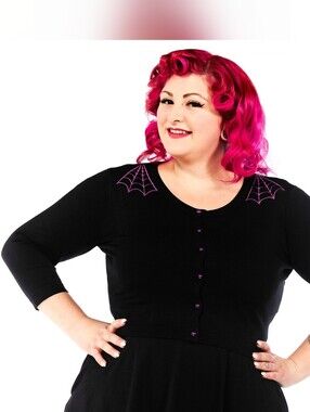 Sourpuss Black & Purple Spiderweb Cropped Cardigan, Size 2X GUC